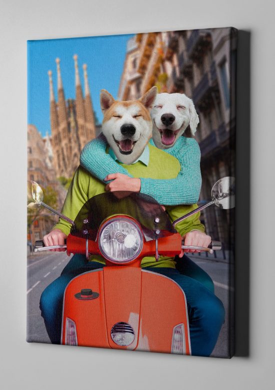 Toile personnalisée duo road trip barcelone chien